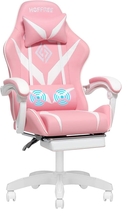 HOFFREE Pink Gaming Chair with Massage for Girls Cute Computer Gamer Chair with Footrest and Lumbar Support Reclining PC Game Chair with Headrest for Gaming Room