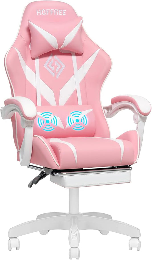 HOFFREE Pink Gaming Chair with Massage for Girls Cute Computer Gamer Chair with Footrest and Lumbar Support Reclining PC Game Chair with Headrest for Gaming Room