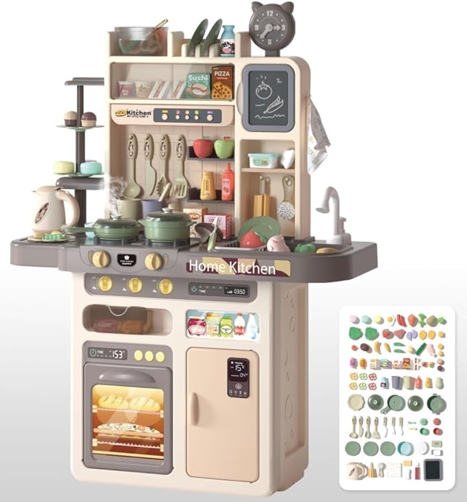 Serena & Jewel Kit - Kitchen Playset Pretend Food - Toy Accessories Set w/Real Sounds & Light, Play Sink, Cooking Stove with Efflunent,88 PCS for Toddlers Kids , Girls & Boys（3-10 Years） (Blue)