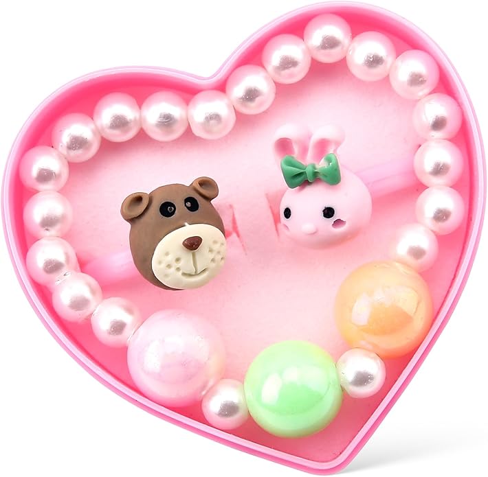 Little Girl Jewel Rings, Adjustable Pink Rings Girls Kids Pretend Play and Dress up Jewelry Set, Cute Rings with Display Case Party Favors Toys Gifts