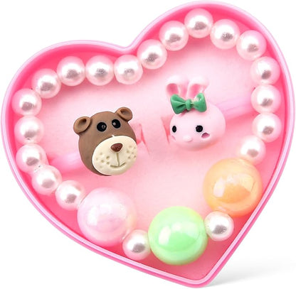 Little Girl Jewel Rings, Adjustable Pink Rings Girls Kids Pretend Play and Dress up Jewelry Set, Cute Rings with Display Case Party Favors Toys Gifts