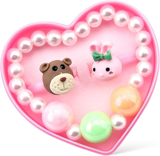 Little Girl Jewel Rings, Adjustable Pink Rings Girls Kids Pretend Play and Dress up Jewelry Set, Cute Rings with Display Case Party Favors Toys Gifts