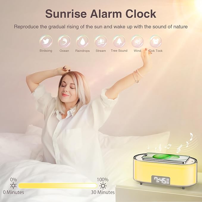Sunrise Alarm Clock with Simulation, Wake Up Light for Heavy Sleepers, Wireless Charging, Dual Alarms, Sleep Aid & Snooze, 7 Natural Sounds, 8 Night Light, Ideal for Kids Bedroom Gift
