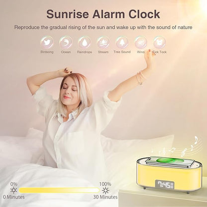 Sunrise Alarm Clock with Simulation, Wake Up Light for Heavy Sleepers, Wireless Charging, Dual Alarms, Sleep Aid & Snooze, 7 Natural Sounds, 8 Night Light, Ideal for Kids Bedroom Gift
