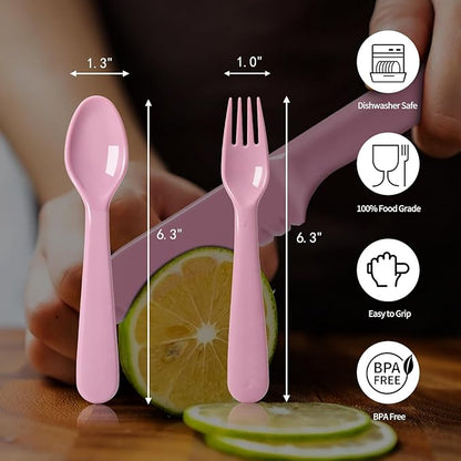 ChaLeeMoo12Pcs Plastic Kids Forks and Spoons Set, Reusable Toddler Utensils Assorted Colors Kids Silverware Set for School Lunch Box Camping Travel, Also for Adult to Use, BPA Free Dishwasher Safe