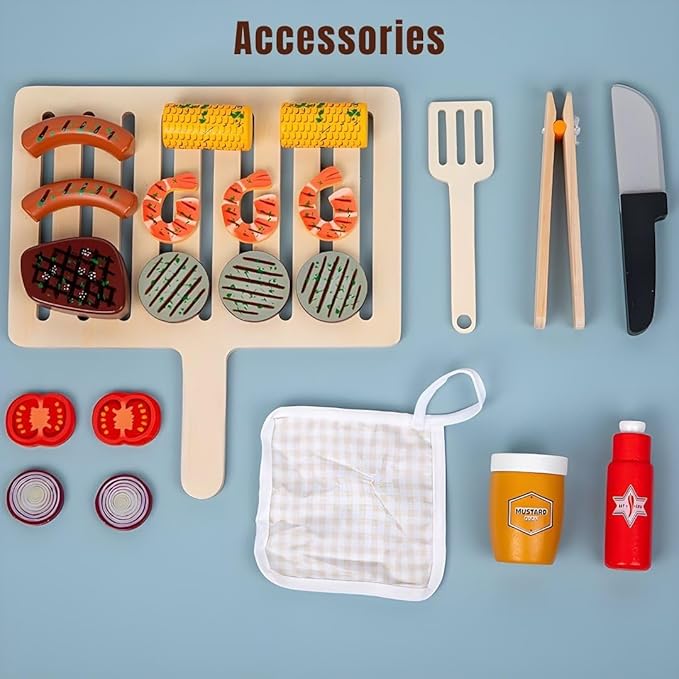 MerryPony Wooden Play Barbecue Toy Grill, Kids BBQ Grill Playset with Play Food and Grilling Tools, Kids Cooking Sets, Outdoor Play Kitchen Set Kids, Pretend Play Kitchen Accessories Toddlers Age 3+