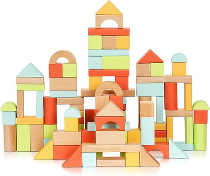 100pcs Building Blocks for Toddlers 1-3, Wooden Blocks for Kids with Storage Bucket and Shape Sorter Lid, Montessori Toys for 1 2 3 Year Old, Learning Toys for Preschool Girls and Boys