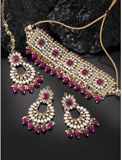 Aheli Bridal Kundan Faux Pearl Choker Necklace with Earrings Maang Tikka Gift for Women Indian Traditional Bollywood Fashion Jewelry Set