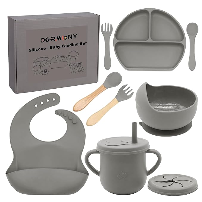 100% Silicone baby feeding set,BPA free Baby dishes set with Suction Bowl Divided Plate,Toddler Self Feeding Dish Set with Spoons Forks Sippy Cup And Bib, Baby Eating Utensils (Grey)