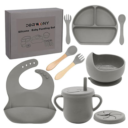 100% Silicone baby feeding set,BPA free Baby dishes set with Suction Bowl Divided Plate,Toddler Self Feeding Dish Set with Spoons Forks Sippy Cup And Bib, Baby Eating Utensils (Grey)