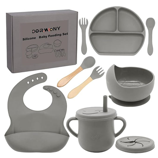 100% Silicone baby feeding set,BPA free Baby dishes set with Suction Bowl Divided Plate,Toddler Self Feeding Dish Set with Spoons Forks Sippy Cup And Bib, Baby Eating Utensils (Grey)