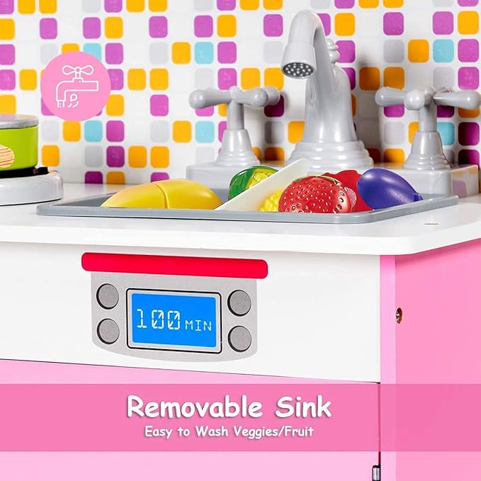 OLAKIDS Kids Kitchen Playset, Wooden Play Kitchen for Toddlers with Real Sounds, Stove Microwave Oven Sink Faucet, Large Storage Cabinet, Pretend Play Toys Cooking Gift for Boys Girls (Pink)