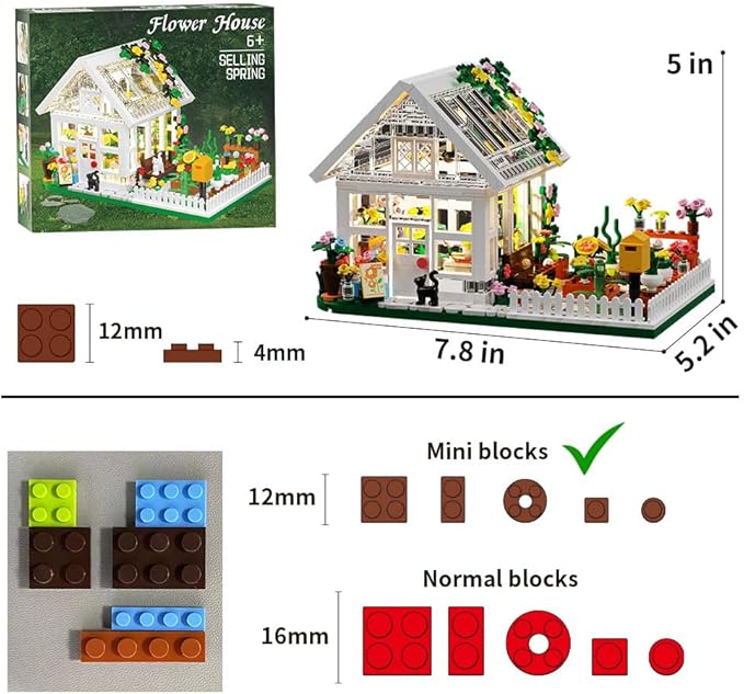 Flower House Building Mini Set with LED, City Street View Greenhouse Building Blocks Toy, Valentine Xmas Gift for Friends or Girls 8-12 Year