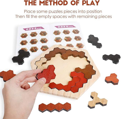 Skrtuan Wooden Hexagon Puzzle for Kids & Adults, Montessori STEM Educational Toy with Colorful Shapes, Logic IQ Brain Teaser Game for All Ages, Geometry Tangram Gift