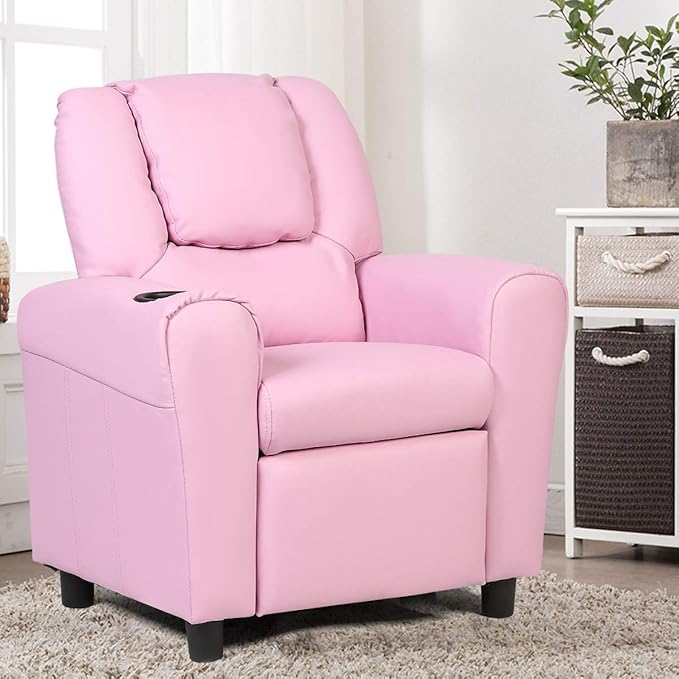 ARLIME Kids Recliner chair, toddler Armchair Upholstered Couch with Cup Holder, Backrest, baby Leather sofa with Headrest and Footrest, Child Furniture for Ages 2-7(Pink)