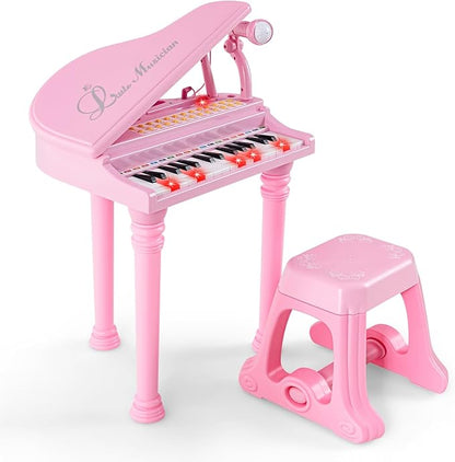 Honey Joy Classical Kids Mini Grand Piano w/ Music Stand & Stool, Portable Electronic Piano Educational Musical Instrument Toy w/ Microphone, Lights, Gift for Kids (Pink, 31 Keys)