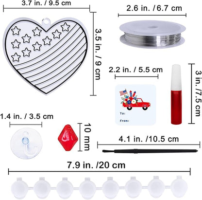 24 Sets Patriotic Suncatcher Ornaments Decoration DIY Window Paint Art Stickers Craft Kit American Heart Star Butterfly Suncatchers for Kids Classroom Patriotic 4th of July Activity Party Art Project