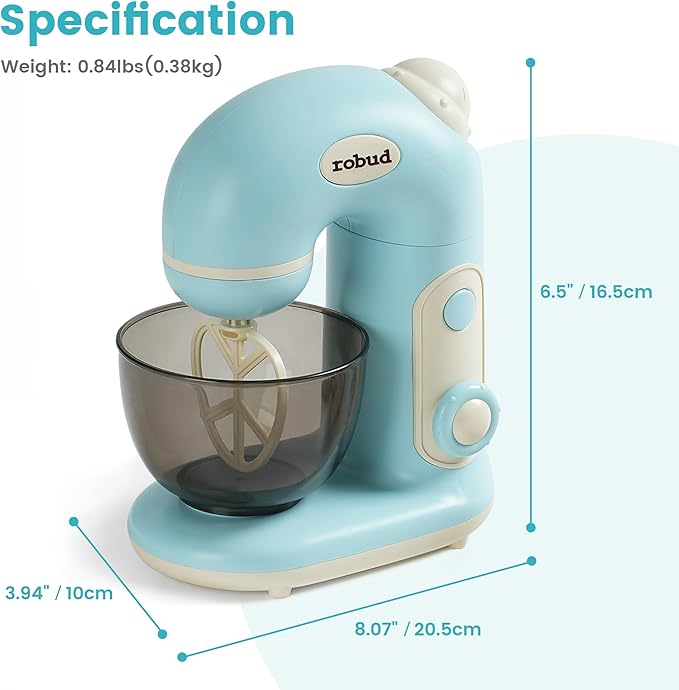 ROBUD Toy Blender, Toy Mixer with Bowl, Flour and Suger, Kids Play Kitchen Accessories, Pretend Play Kitchen Appliance for Kids with Realistic Light and Sound, Boys & Girls Toys Ages 3+