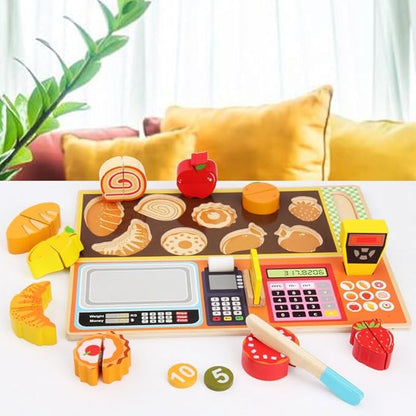 Wooden Play Food Set , Play Kitchen Food with Cutting Food Toys, Pretend Play Toy, for Toddlers Boys and Girls, Aged 3 4 5 6 (Dessert and Fruits Shop)