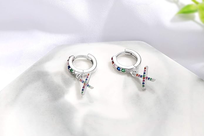 Presentski Initial Earrings 925 Sterling Silver Colorful Huggie Small Hoop Earrings Rainbow CZ Drop Dangle Simple Alphabet Earrings S925 Hypoallergenic Earring Letter A-Z for Daughter Women