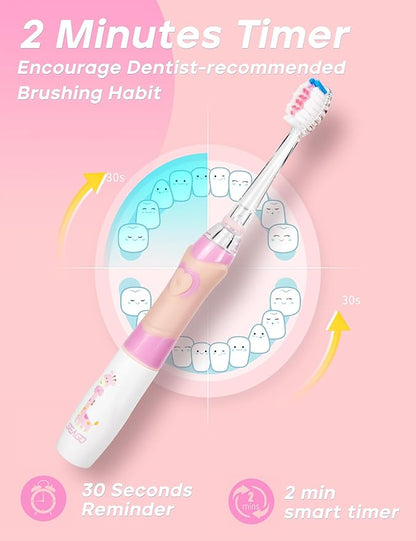SEAGO Kids Electric Toothbrush with 2 Mins Brushing Timer and 8 Replacement Bursh Heads,Rainbow LED Light Make Brushing Fun, Pink Color Girls Battery Powerd Toothbrush for 4-12 Years Old