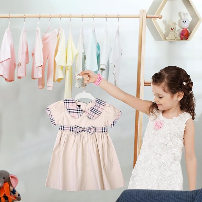 ManGotree Baby Velvet Hangers with 360° Swivel Rose Gold Hook, 10.95" Non-Slip Toddler Hangers, Ultra Thin Space Saving Infant Hangers for Kids Clothes, 15 Pack (White)