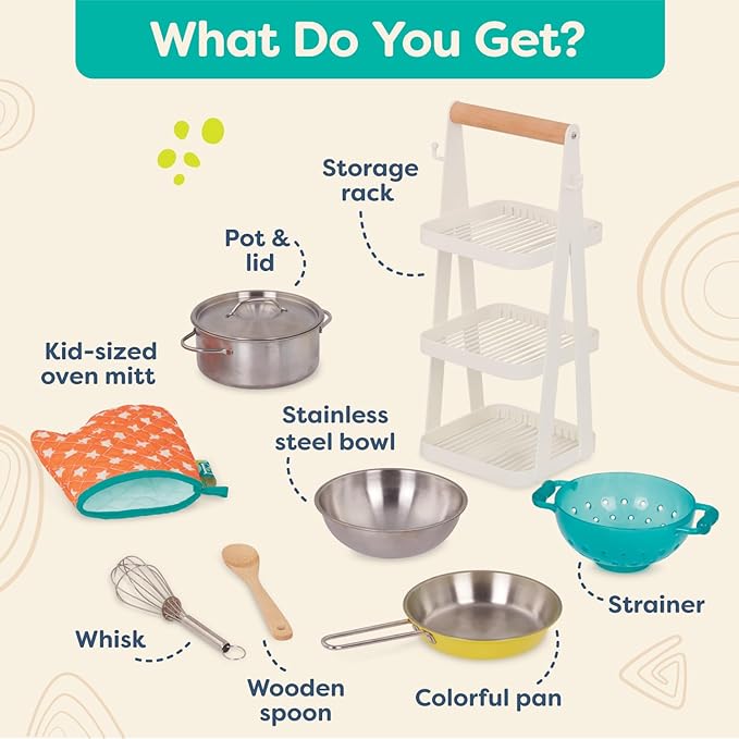 B. toys- Mini Chef - Pot & Pan Playset- Pretend Play Kitchen Accessories – Pot, Pan & Role-Play Cookware – Cooking Toys for Kids – Pretend Play Set – 3 Years + (9 Pcs)