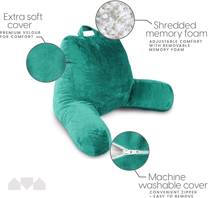 Milliard Reading Pillow with Shredded Memory Foam, Large Adult Backrest with Arms, Back Support for Sitting Up in Bed with Washable Cover (Sit up Pillow) Teal