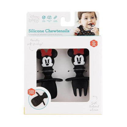 Bumkins Disney Baby Utensils Set, Chewtensils Silicone Spoons for Dipping, Self-Feeding, Baby Led Weaning, Trainer Learning, First Stage Eating, Soft Fork and Spoon, Babies 6 Months, Minnie Mouse