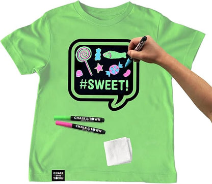 Green Speech Bubble Chalkboard Short Sleeve T-Shirt Kit for Kids with 3 Markers and 1 Stencil (Youth Medium)
