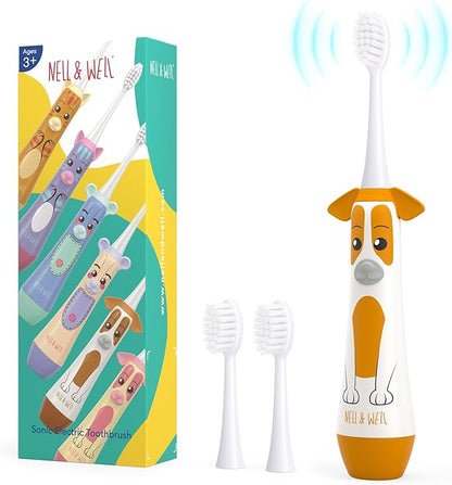 NELL&WELL Kids Electric Toothbrush, 2-Min Timer, 3 Modes with Memory, IPX 7 Waterproof, Battery Powered Kids Toothbrush with 3 Soft Bristles Heads for Children Boys and Girls Ages 3+