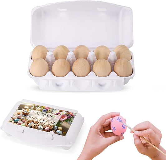 Wooden Eggs, 10-Count Unpainted Wooden Eggs in Carton for Painting, Crafts, and Dyeing, Food Toys for Kitchen Play and Room Decor, Fake Eggs for Nesting Boxes and Poultry Incubators.