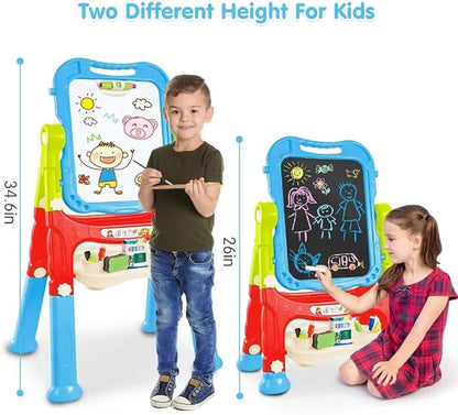 Kids Art Easel, Adjustable Drawing White Board & Chalk Board, Toddler Standing Easel with Painting Accessories, Gift for Girls Boy (Blue)