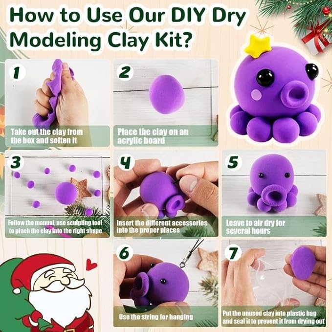 Christmas Air Dry Modeling Clay for Kids, Polymer Clay Kit Super Light & Soft DIY Play Dough Animals Crafts Set, Creatibles Art and Crafts Valentine's Day Christmas Gifts for Beginners Kids Boys Girls