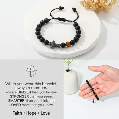 P. BLAKE First Communion Confirmation Baptism Gifts for Boys Teens, American Flag Cross Natural Beads Bracelet Christian Religious Jewelry Gifts for Teen Boys Kids