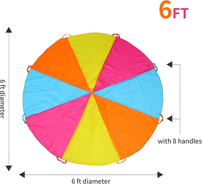6ft Rainbow Parachute, Play Parachute Toy for Kids, Parachute with Handles Indoor & Outdoor Play Equipment