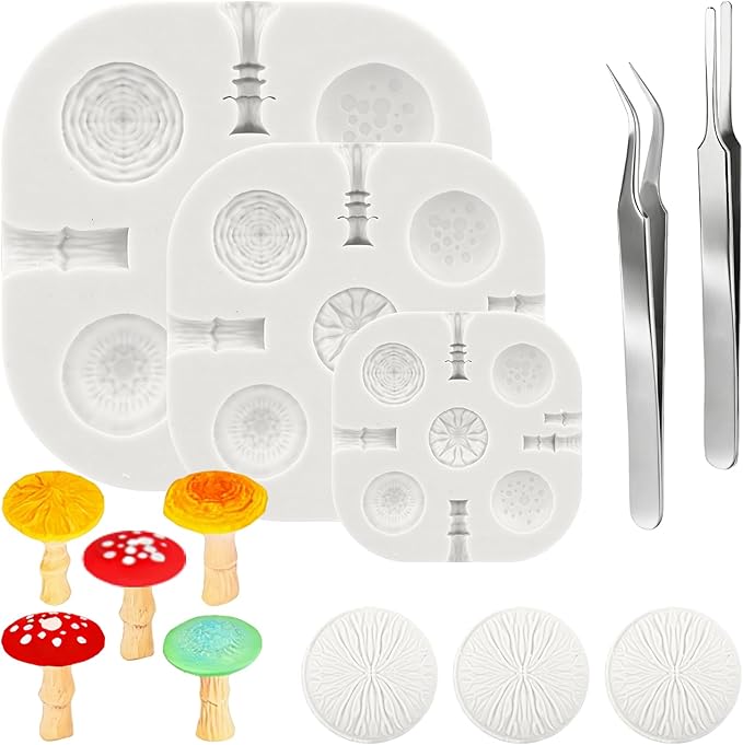 Polymer Clay Molds Set, 3 Sizes Mushroom Polymer Clay Silicone Mold with 2 Stainless Steel Tweezers for DIY Earring Jewelry Making Model Crafting (Color:Multicolor)
