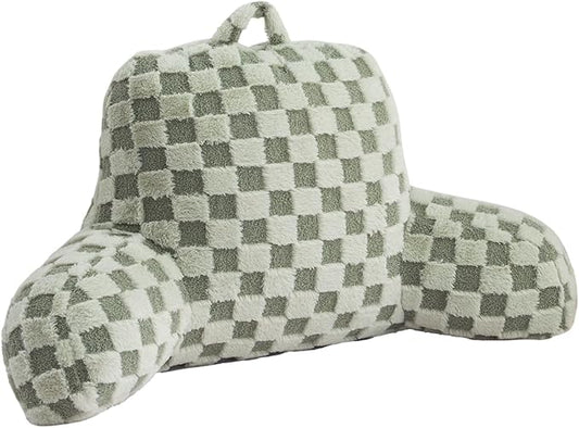 Aimuan Reading Pillow Checkered Bed Rest Wedge Backrest Checkerboard Pillow with Arms Back Support for Sitting Up in Bed Cushion Incline Rest Sleeping Snoring Pillow, Light Green