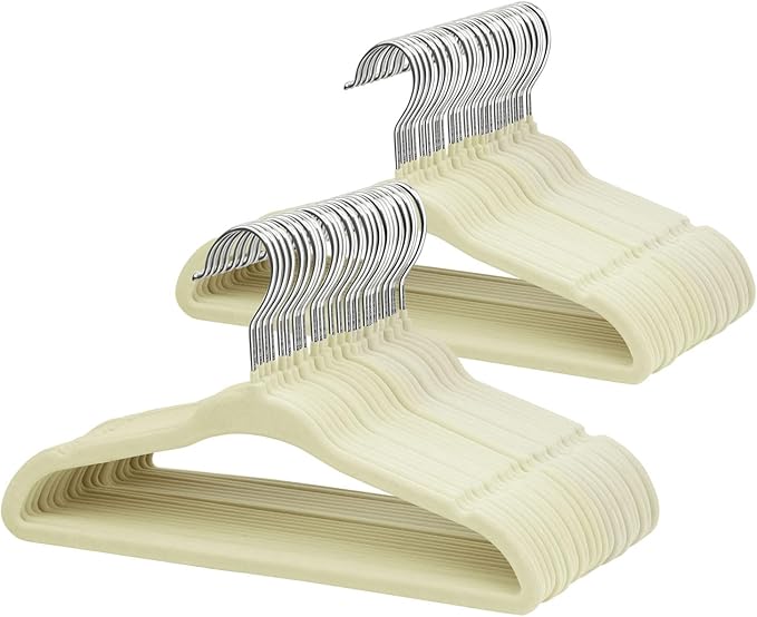 ManGotree 10.95" Baby Velvet Hangers, Non-Slip Infant Coat Hangers, Ultra-Thin Toddler Felt Hangers with 360° Swivel Hook, Space Saving Children's Hangers for Kids Clothes, 48 Pack (Beige)