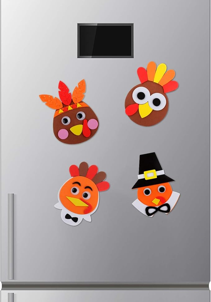 12 Pieces Thanksgiving Turkey Head Magnet Craft Kit Self-Adhesive DIY Turkey Craft Kit Festive Fall Thanksgiving Party Game School Home Activities and Refrigerator Decoration Supplies for Kids Adults