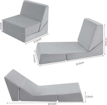 MeMoreCool Toddler Couch Fold Out Sofa Bed, Kids Lounge Chair Foldable Floor Lounger, 3-in-1 Folding Children Chair Bed, Pull Out Recliner for Toddlers 1-3, Grey