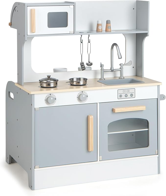 HONEY JOY Kids Kitchen Playset, Double Side Little Chef Play Kitchen for Toddler & Restaurant, Cookware, Microwave, Sink, Storage Cabinet, Wooden Pretend Play Toy Kitchen Set, Gift for Boy Girl, Gray