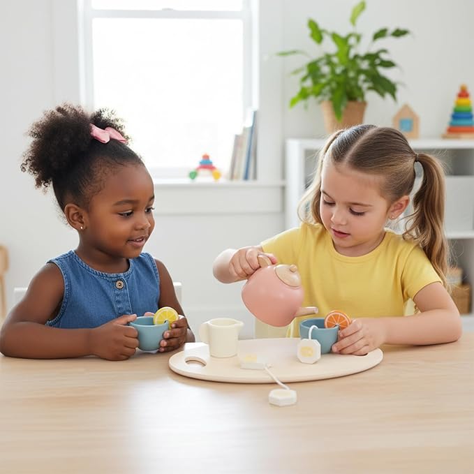 Wooden Tea Sets for Toddlers 3-5, Girl Chrismas Birthday Gift 3 Year Old Princess Party, Wooden Play Food Toy Sets for Kids Kitchen Accessories
