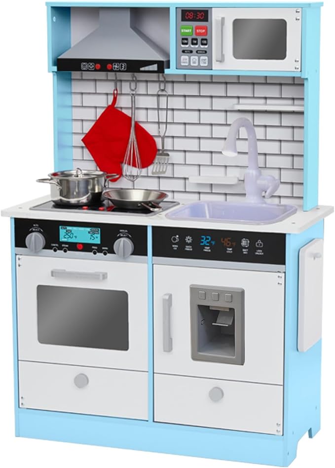 Lil' Jumbl Kids Blue Small Kitchen Set, Pretend Wooden Play Kitchen, Includes Range Hood, Microwave, Stove Top, Oven That Make Realistic Sound & Light, Pots, Pan, Cutting Board & Utensils Included,