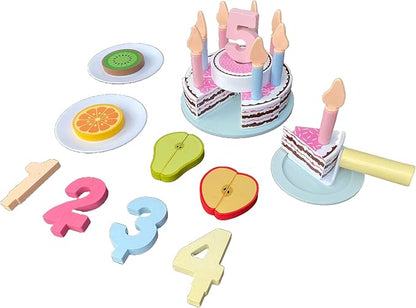 Wooden Birthday Cake Toy Set for Kids, 33 PCS Pretend Play Food, 5" Cake with Candles Fresh Fruit Plate Number 1-5, Wooden Play Kitchen Accessories