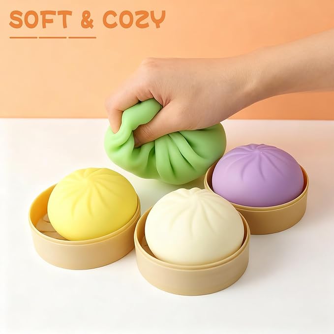 4PCS Dumpling Squishy, Colorful Dumpling Stress Balls Fidget Toys Adults, Squeeze Dough Ball Stress Relief Hand Toys, with Food Steamer Stretchy, for Classroom Prizes, Easter Basket Stuffers