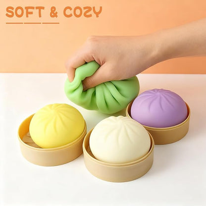 4PCS Dumpling Squishy, Colorful Dumpling Stress Balls Fidget Toys Adults, Squeeze Dough Ball Stress Relief Hand Toys, with Food Steamer Stretchy, for Classroom Prizes, Easter Basket Stuffers