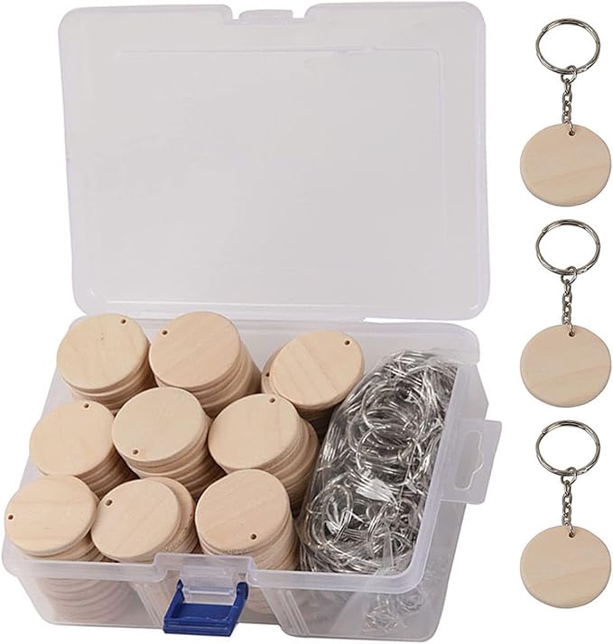 100Pcs Round Wood Circles with Keychain,Blank Round-Shaped Wooden Keychain Set with 100Pcs Wood Blanks,100Pcs Keychain Rings with Chain,100Pcs Open Jump Rings for DIY Crafts Decorations Ornaments