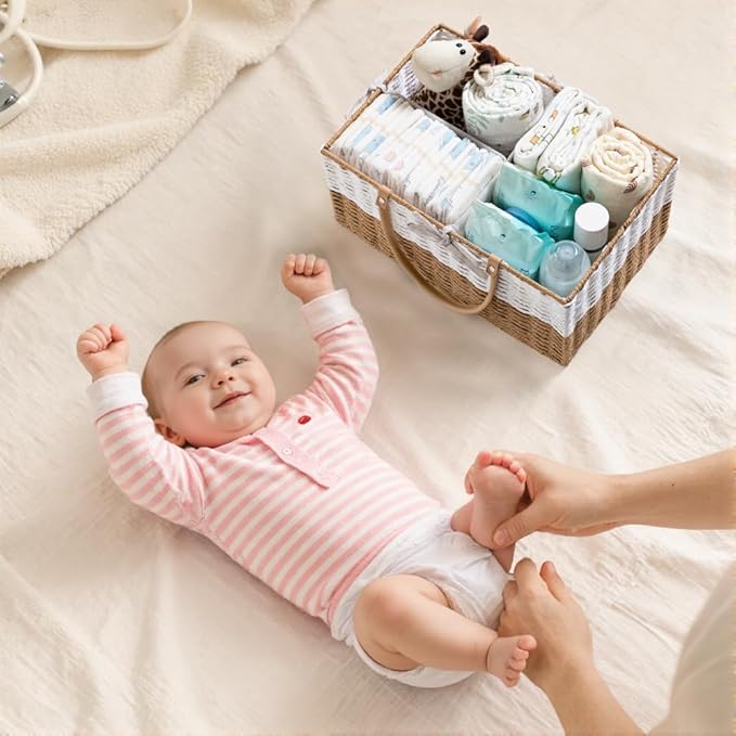 HBlife Baby Diaper Caddy Organizer, Paper Rope Storage Baskets Nursery Bin with Removable Divider, Portable Car Organizer for Diapers, Baby Shower Gifts, Newborn Essentials Must Haves