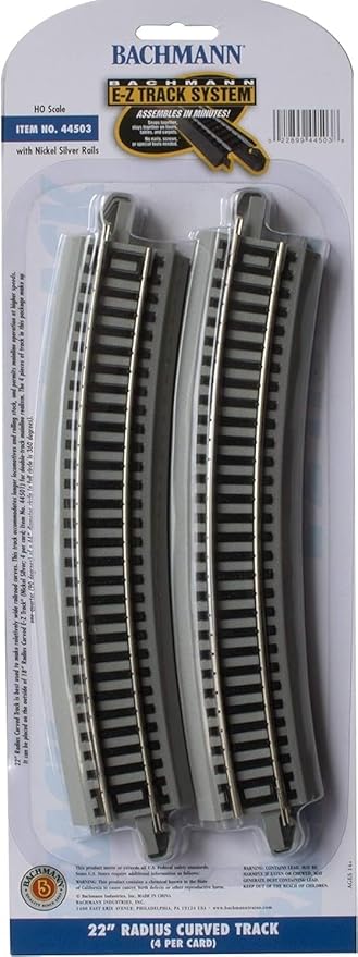 Bachmann Trains - Snap-Fit E-Z TRACK 22” RADIUS CURVED TRACK (4/card) - NICKEL SILVER Rail With Gray Roadbed - HO Scale